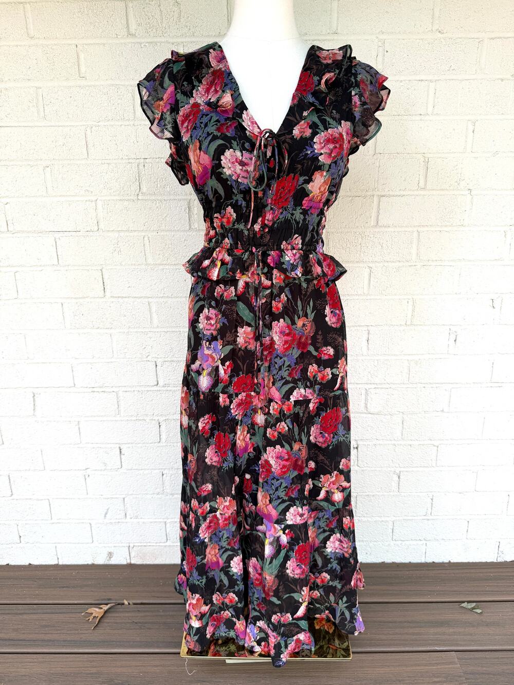 Paige XS Black Floral Silk Midi Dress Ruffle Sleeve Smocked Waist Boho NWT